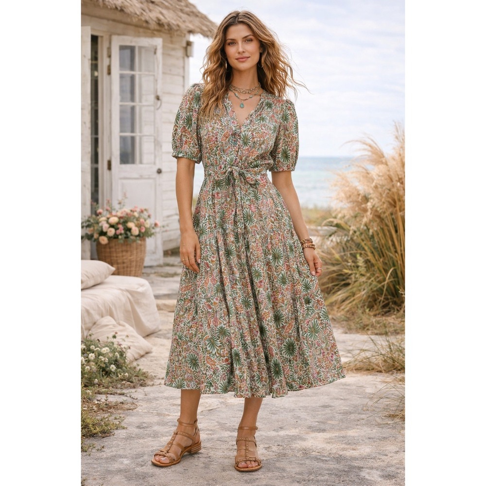 Lola Australia Palm Print Midi Dress XS‎ Blue Floral Puff Sleeve Boho Cottage
